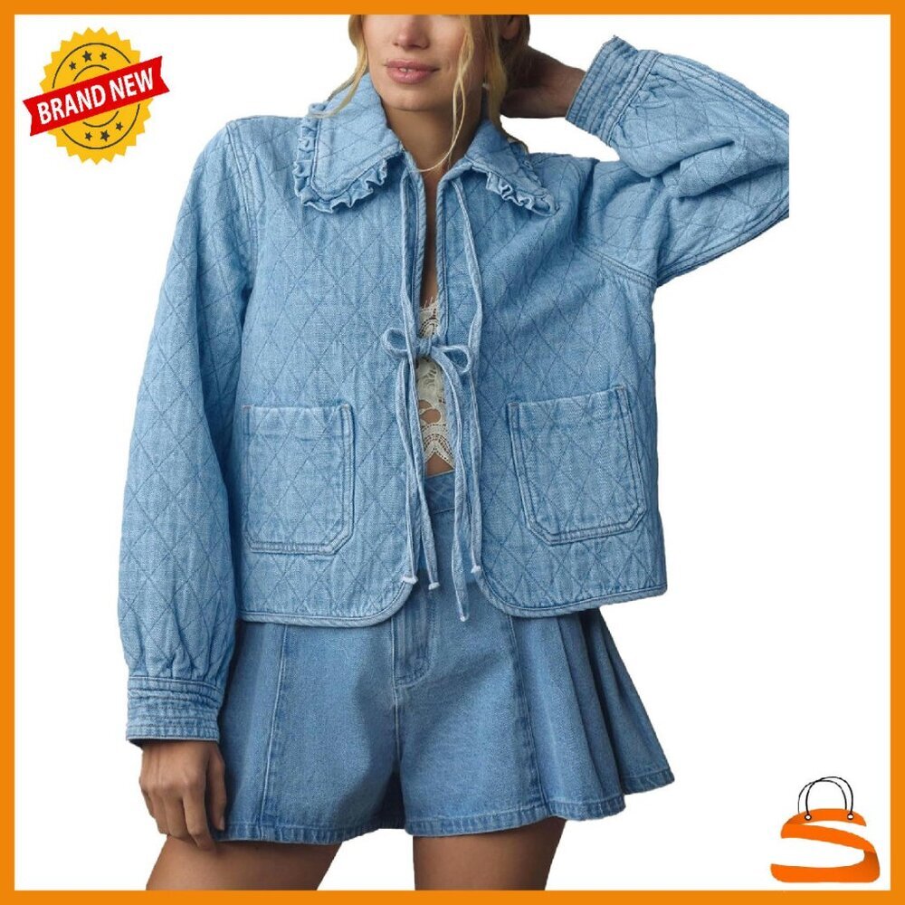 Denim Jacket with Tie Front Peter Pan Collar Loose Fit Top